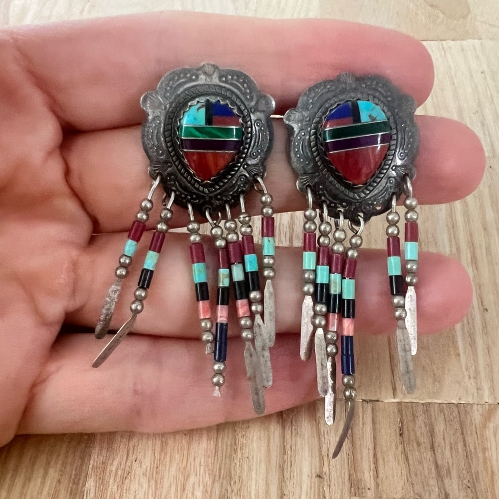 QT Sterling silver Native American dangle fringe Southwestern earrings on posts - Picture 3 of 10
